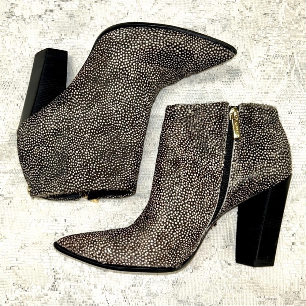 CARRANO Anthropologie | Pony Hair Ankle Booties Polka Dot Black/Beige Women’s 10